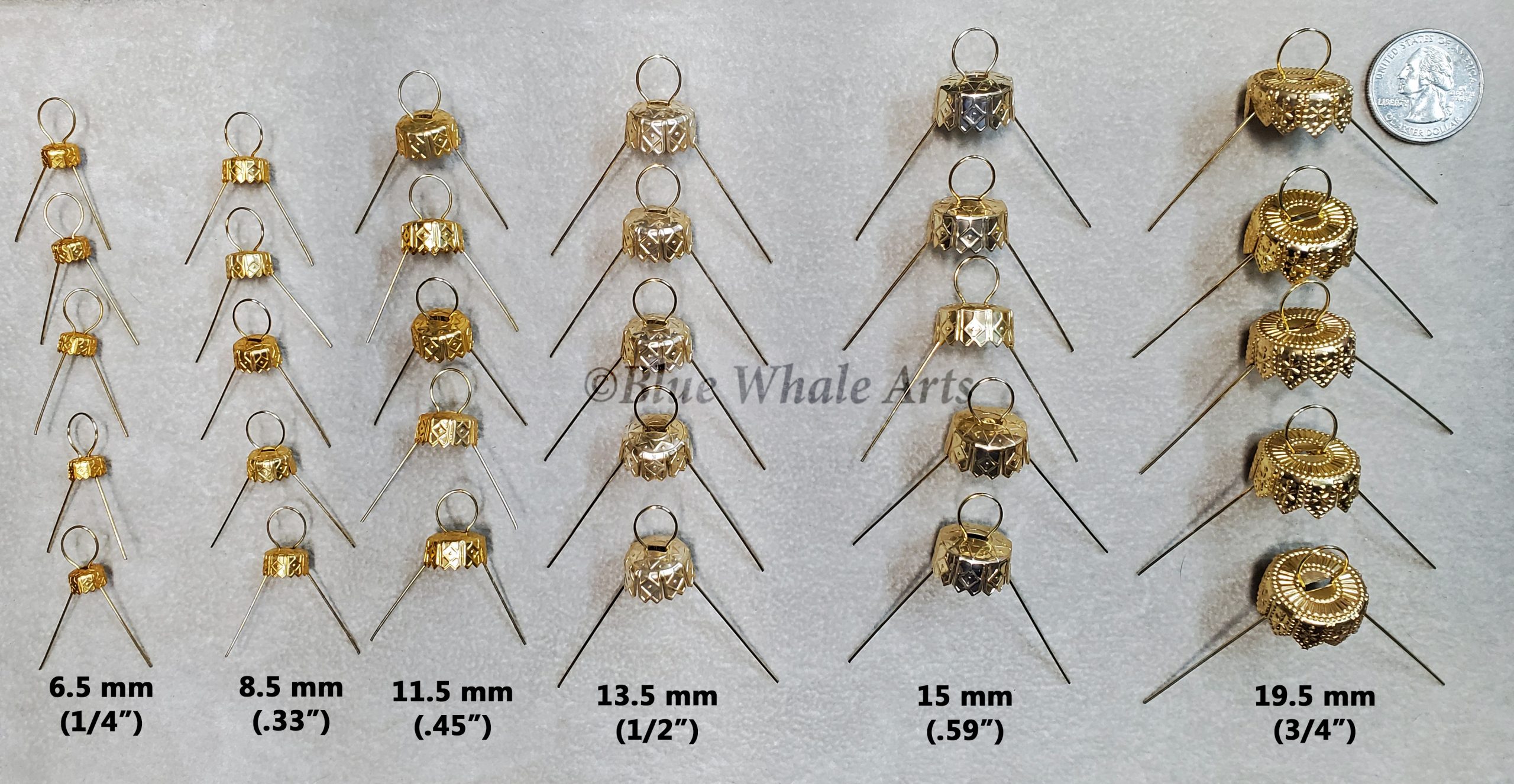 Ornament Caps Gold - 6 sizes 5 each size, 6.5 mm, 8.5 mm,11.5 mm 13.5 mm,  15 mm, 19.5 mm - 30 Pieces